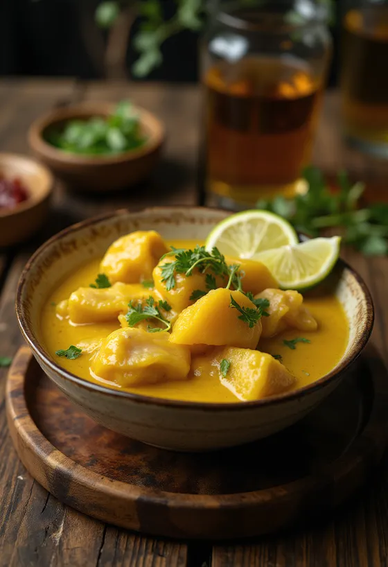 Tenga servido con manzana de elefante y pollo, decorado con cilantro fresco