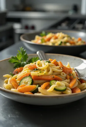 Pasta fresca con verduras crujientes y perejil