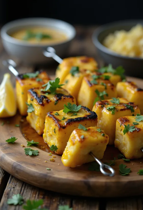 Achari paneer tikka, trozos de paneer a la parrilla marinados en yogur especiado, servidos con cilantro fresco y limón