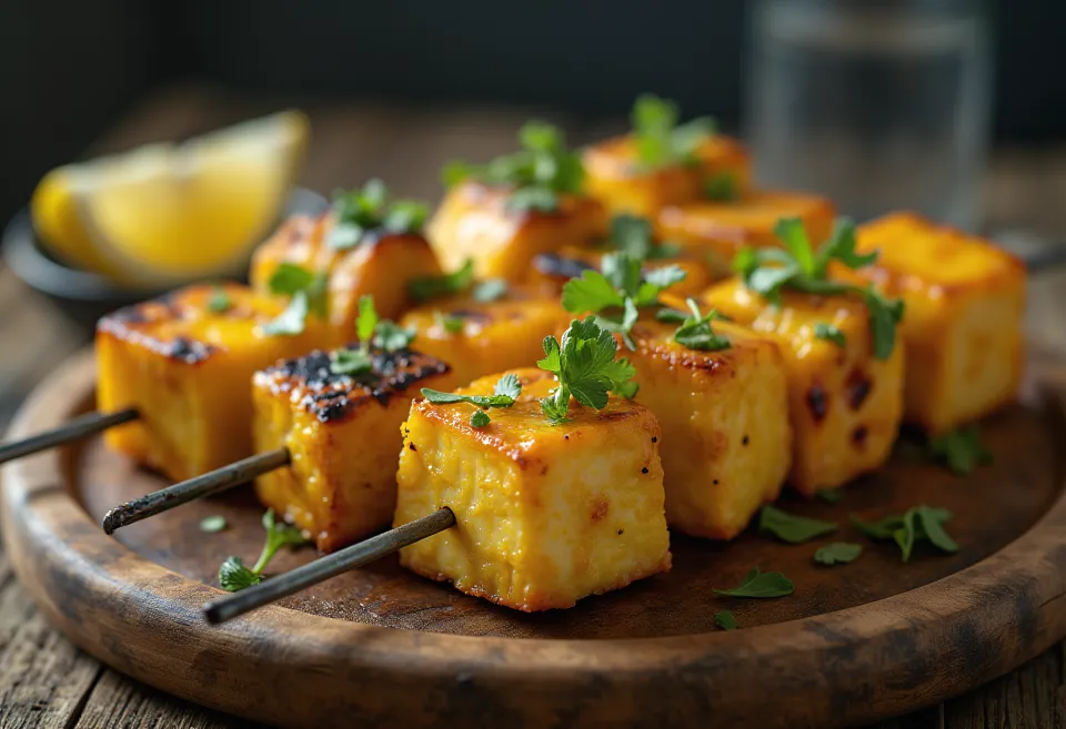 Achari paneer tikka, trozos de paneer a la parrilla marinados en yogur especiado, servidos con cilantro fresco y limón