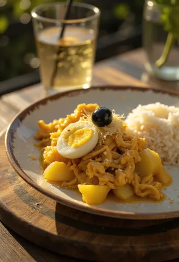 Ají de Gallina con cebolla, servido con huevo cocido y láminas de almendra