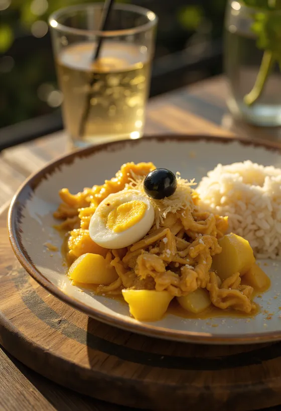 Ají de Gallina con cebolla, servido con huevo cocido y láminas de almendra