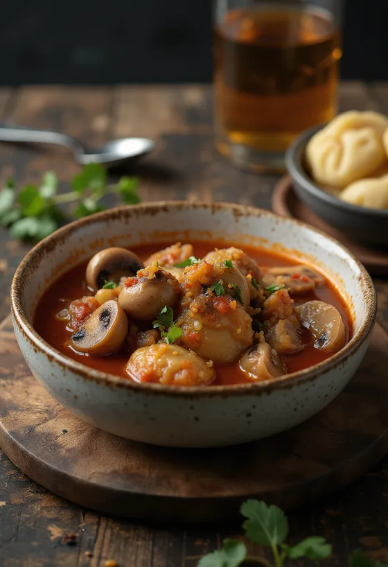 Estofado de champiñones con láminas frescas, servido en salsa densa de pimentón