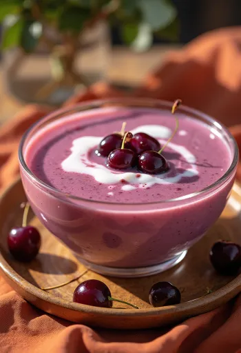 Refrescante sopa fría de guindas decorada con nata, servida en bol blanco