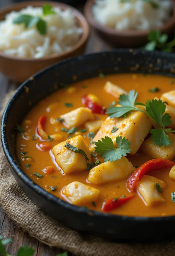 Moqueca sin gluten, rico plato de pescado con leche de coco servido