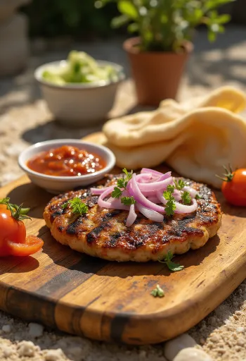 Pljeskavica, filete ruso serbio con ajvar y patatas fritas