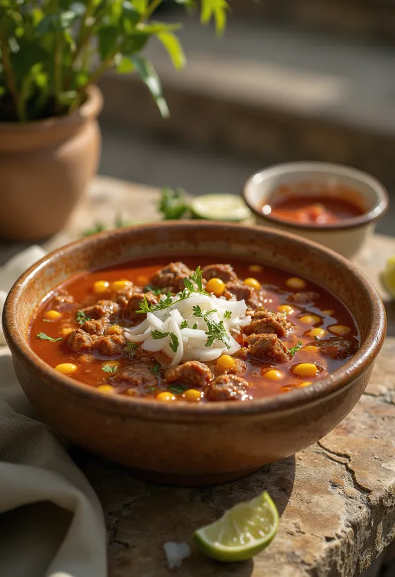 Pozole de res servido con carne de ternera, maíz blanco, lima, nata fresca y cilantro