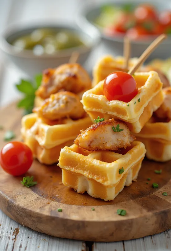 Brocheta de gofre salado con pollo a la plancha y tomate