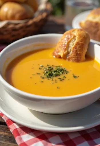 Sopa cremosa de verduras y calabaza emplatada