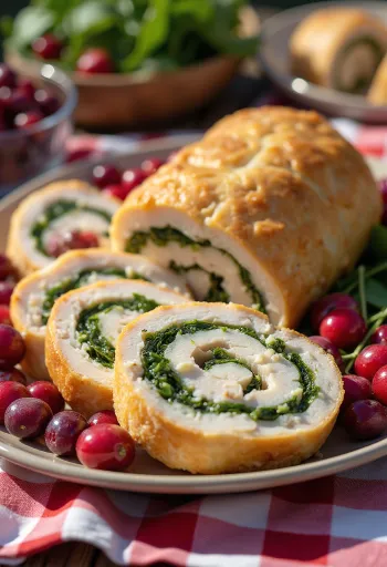 Rollo de pavo con arándanos rojos servido con verduras.