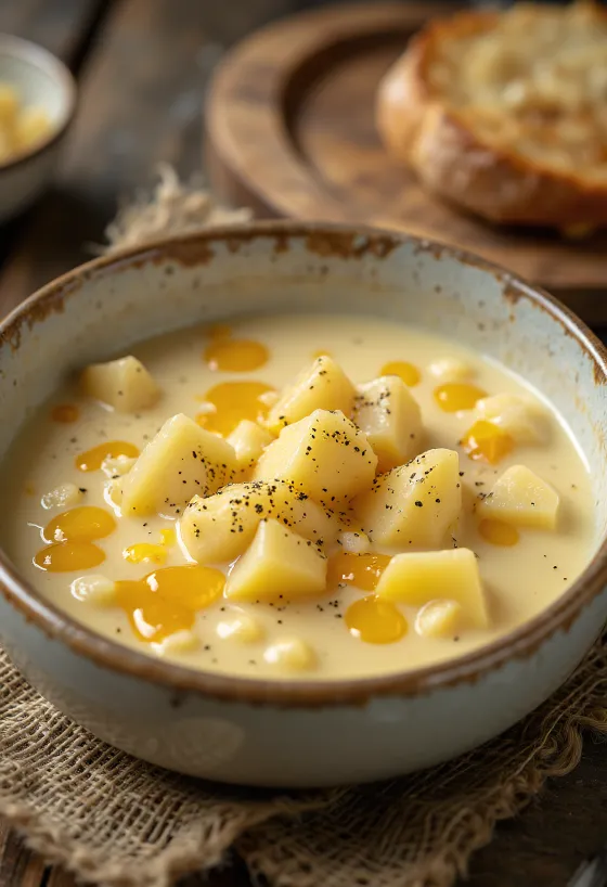Chowder cremoso de queso y patata servido caliente