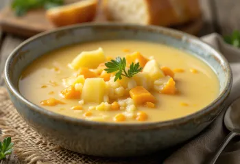 Chowder cremoso de queso y patata servido caliente