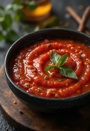Salsa de tomate picante servida con pasta