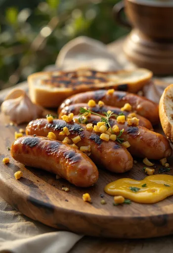 Salchichas a la parrilla servidas con verduras y pan