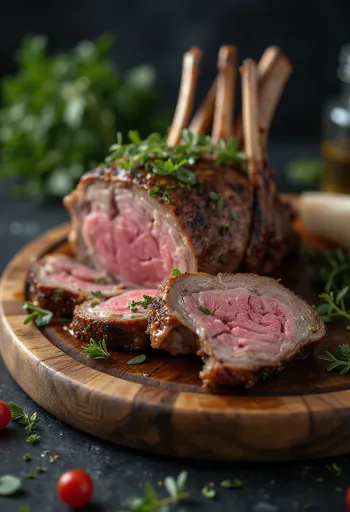 Pierna de cordero al grill con finas hierbas frescas servida