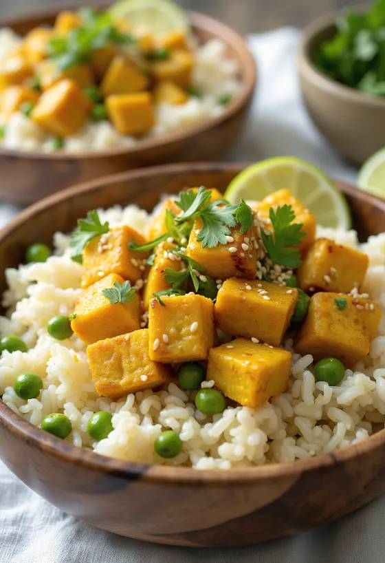 Arroz de coliflor con tofu al curry