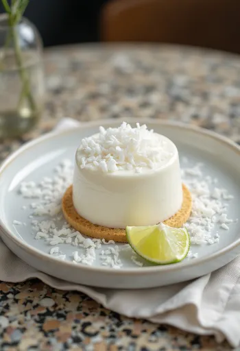 Tarta de panna cotta de coco en presentación elegante