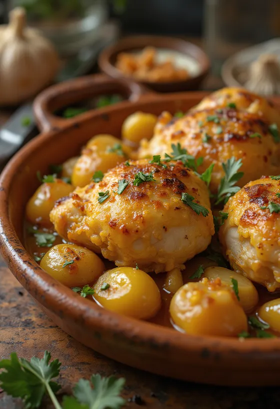 Pollo al Ajillo servido con salsa de vino blanco