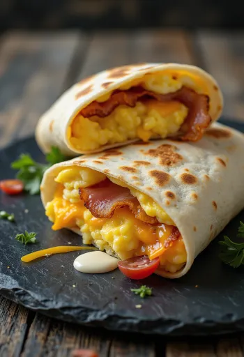 Wrap de desayuno con huevo, bacon, ensalada y queso, enrollado en tortilla, cortado en diagonal