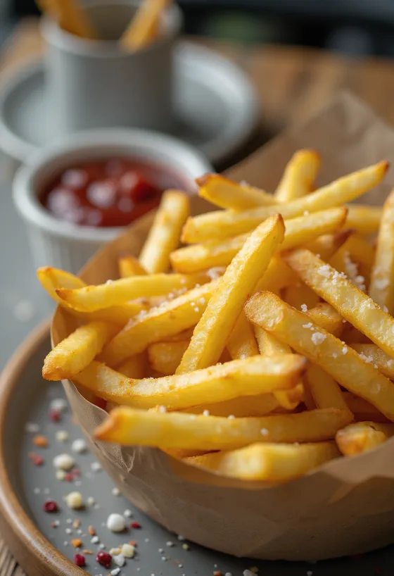 Patatas fritas doradas crujientes y espolvoreadas con hierbas frescas.