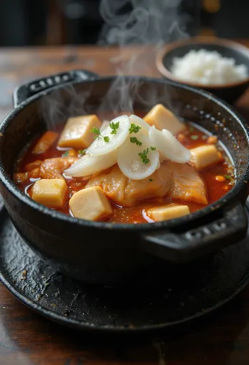 Sopa de pescado picante coreana hirviendo en cazuela