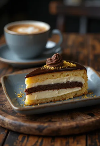 Tarta ópera francesa con capas de ganache de chocolate y sabor a espresso