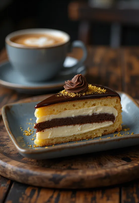 Tarta ópera francesa con capas de ganache de chocolate y sabor a espresso