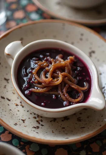 Salsa de cebolla al vino tinto servida