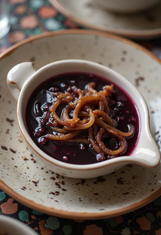 Salsa de cebolla al vino tinto servida