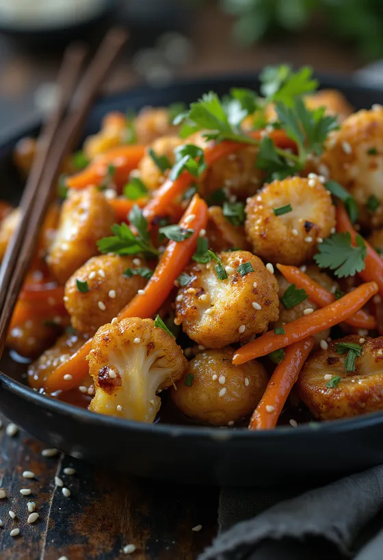 Wok de coliflor con tofu y ajo