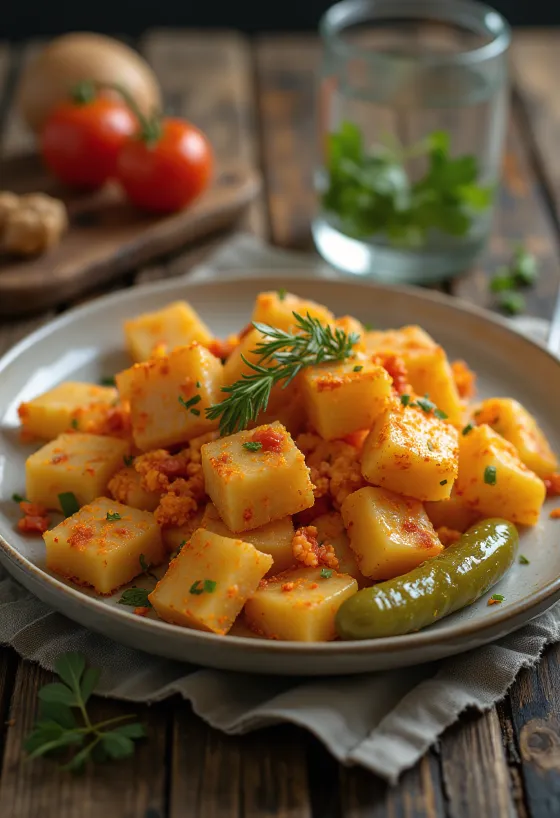 Pasta con patatas servida con cebolla frita y pimentón
