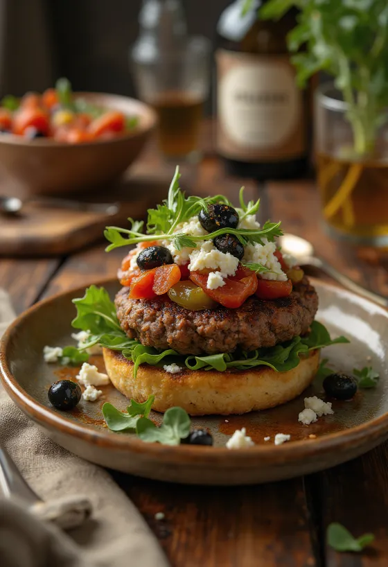 Hamburguesa mediterránea servida
