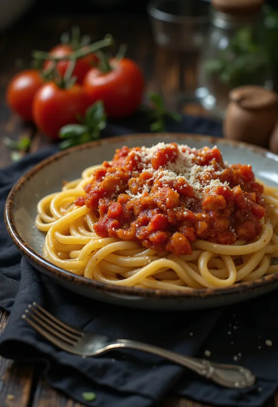 Pasta con tomate, albahaca fresca y queso parmesano rallado