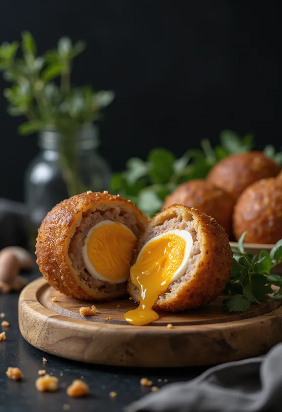 Huevos a la escocesa con yema líquida, recién hechos, crujientes por fuera y tiernos por dentro