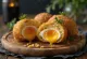 Huevos a la escocesa con yema líquida, recién hechos, crujientes por fuera y tiernos por dentro