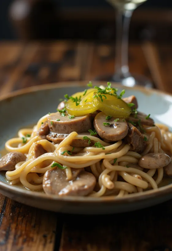 Solomillo Stroganoff servido con salsa cremosa