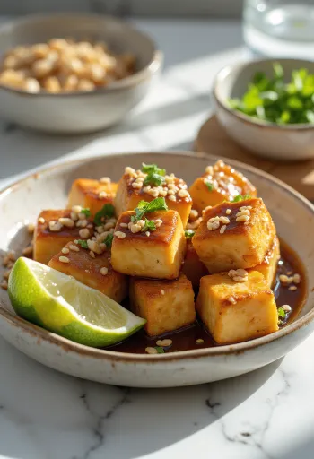Bocados de tofu con cacahuetes tostados servidos