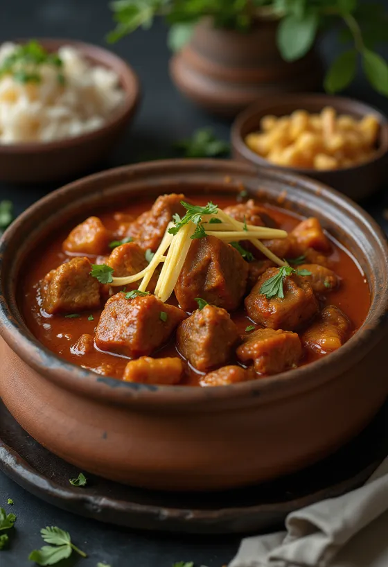 Vindaloo de ternera servido en salsa espesa y oscura