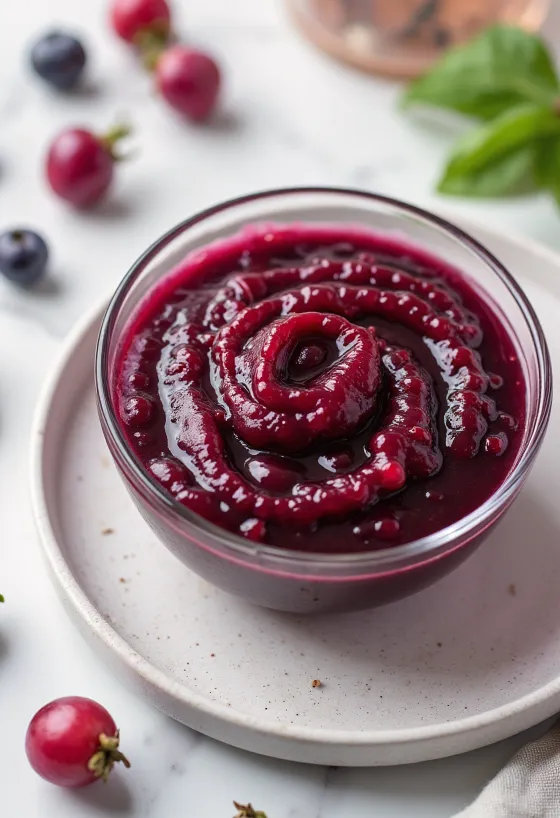 Salsa de vino tinto y escaramujo en un bol, decorada con romero fresco.