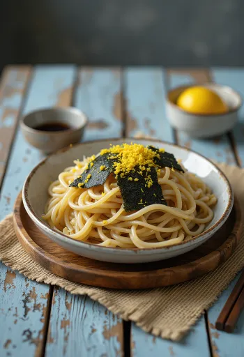 Zaru soba con ralladura de limón servido con semillas de sésamo y alga nori