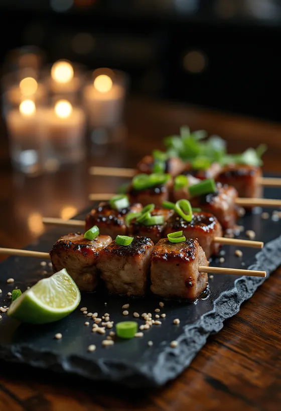 Anticucho nikkei con ternera a la parrilla, lima y cilantro