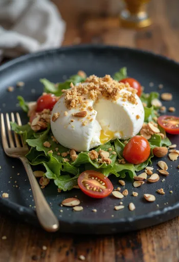 Burrata con almendras laminadas tostadas y tomate