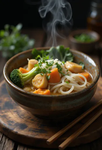 Curry udon recién hecho con rica salsa, verduras y fideos gruesos