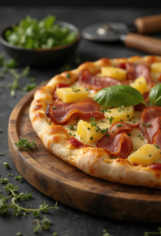 Pizza Hawaiana para amantes de la carne servida con extra de jamón y beicon