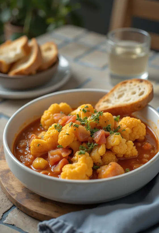 Estofado de coliflor especiado en base jugosa de tomate, espolvoreado con perejil fresco