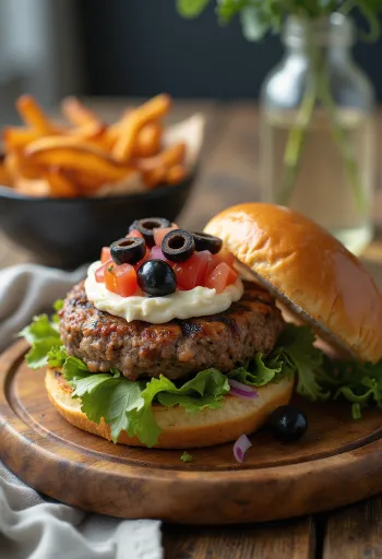 Hamburguesa griega con olivas servida