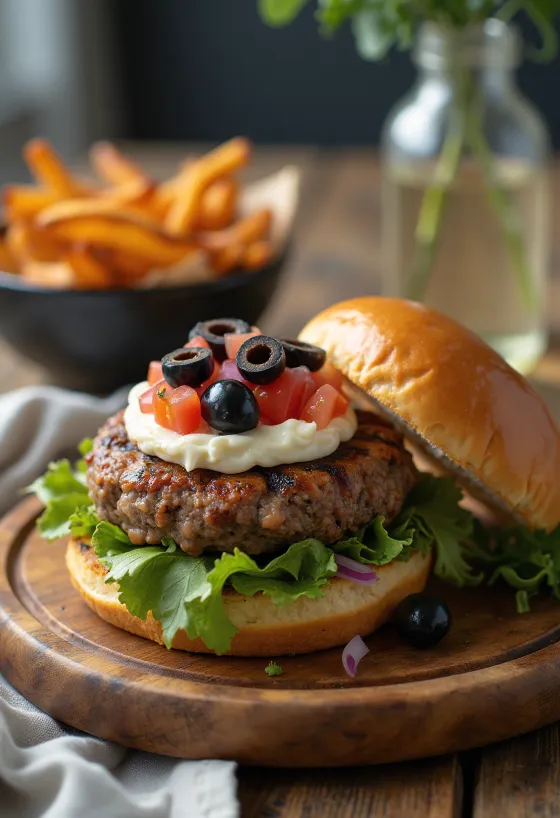 Hamburguesa griega con olivas servida