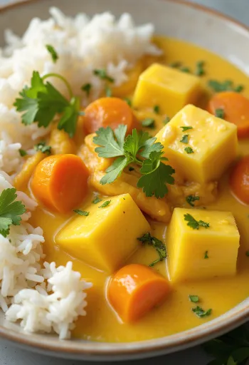 Curry de berenjena especiado servido con leche de coco