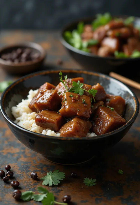 Adobo de cerdo servido con arroz al vapor