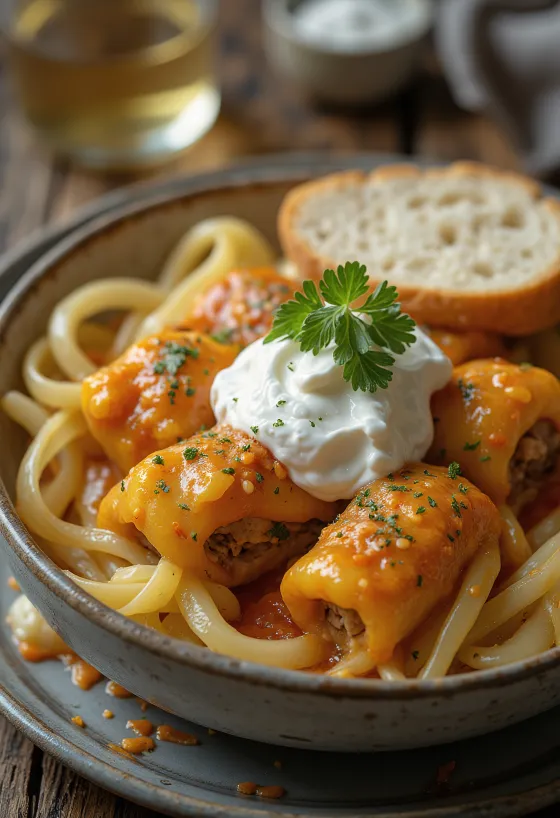 Rollitos de repollo rellenos de carne picada especiada y arroz, servidos en salsa de tomate